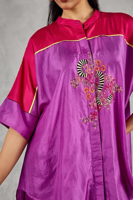 Buy_Shivani Bhargava_Purple Silk Embroidery Mandarin Collar Color Block Hand Tunic And Pant Set 