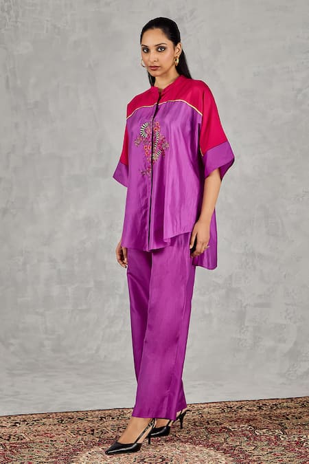Buy_Shivani Bhargava_Purple Silk Embroidery Mandarin Collar Color Block Hand Kurta _Online_at_Aza_Fashions
