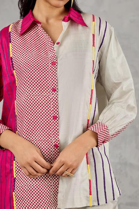 Shop Shivani Bhargava Grey Silk Embroidery, Studs Collared Printed Shirt And Pant Set Online at Aza Fashions Shop_Shivani Bhargava_Grey Silk Embroidery, Studs Collared Printed Shirt And Pant Set _Online_at_Aza_Fashions