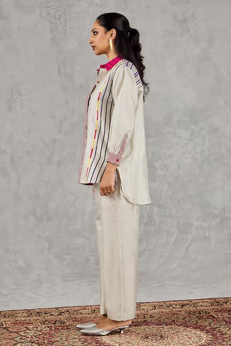 Shop_Shivani Bhargava_Grey Silk Embroidery Collared Color Block Printed Shirt _Online_at_Aza_Fashions