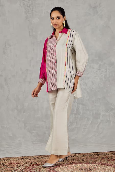 Shivani Bhargava_Grey Silk Embroidery Collared Color Block Printed Shirt _at_Aza_Fashions