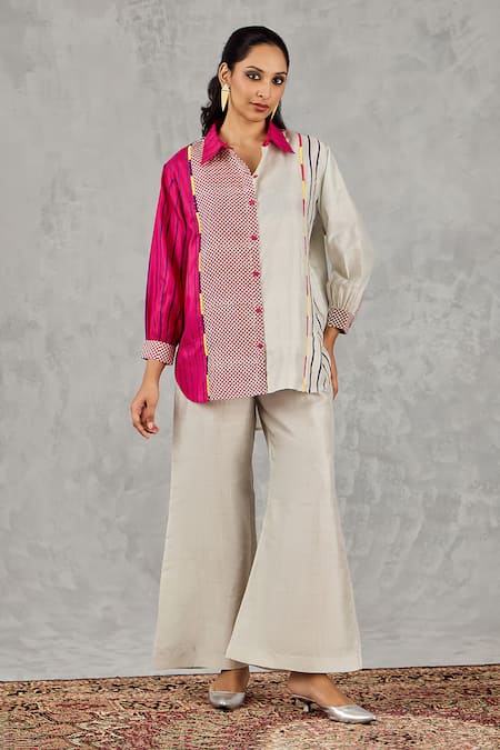 Buy_Shivani Bhargava_Grey Silk Embroidery Collared Color Block Printed Shirt 