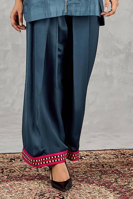 Shivani Bhargava_Blue Chanderi, Satin, Silk Embroidery, Pom-poms Split Hand Kurta And Pant Set _Online_at_Aza_Fashions