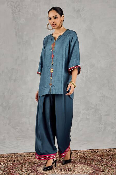Buy_Shivani Bhargava_Blue Chanderi, Satin, Silk Embroidery, Pom-poms Split Hand Kurta And Pant Set _Online_at_Aza_Fashions
