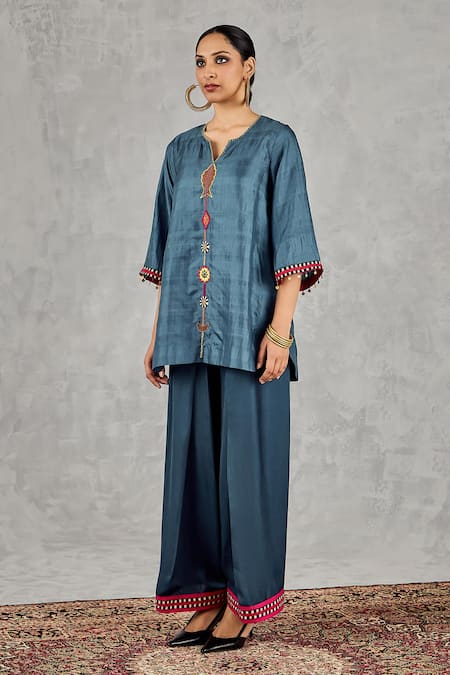 Shivani Bhargava_Blue Chanderi, Satin, Silk Embroidery, Pom-poms Split Hand Kurta And Pant Set _at_Aza_Fashions