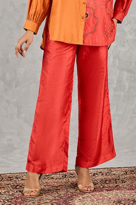 Shop_Shivani Bhargava_Orange Silk Embroidery, Stones, Beads Color Block Hand Shirt And Pant Set _Online_at_Aza_Fashions