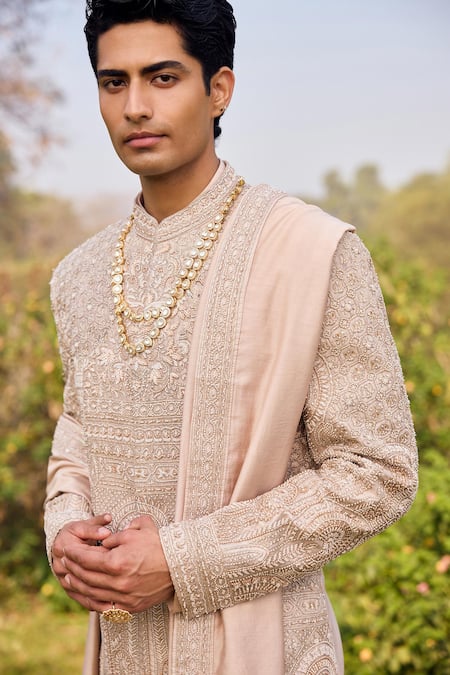 Mukti And Kavith Casa_Ivory Tussar Embroidery, Zari Sherwani Kurta Set _Online_at_Aza_Fashions