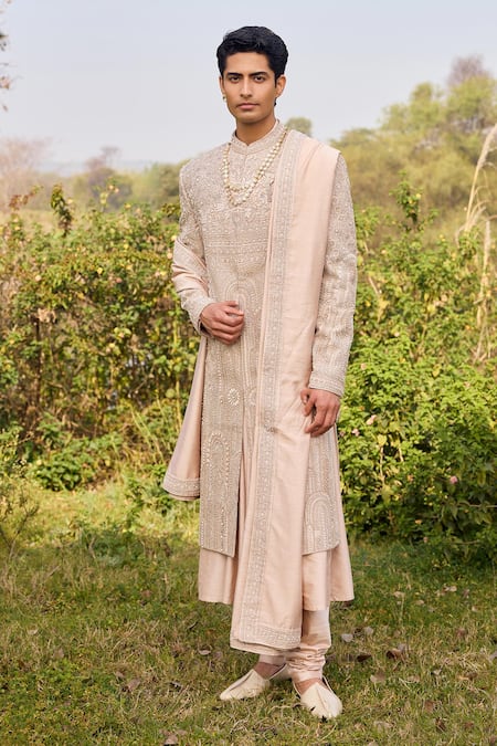 Buy_Mukti And Kavith Casa_Ivory Tussar Embroidery, Zari Sherwani Kurta Set _Online_at_Aza_Fashions