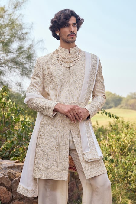 Mukti And Kavith Casa_Gold Silk Embroidery, Zari Mehr Heritage Sherwani Set _Online_at_Aza_Fashions