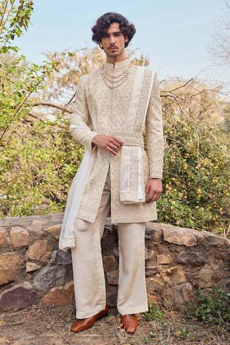 Mukti And Kavith Casa Mehr Heritage Zari Embroidered Sherwani Set 