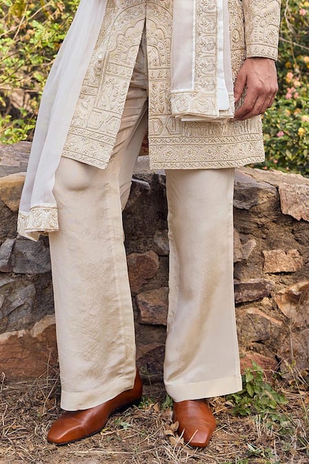 Shop_Mukti And Kavith Casa_Gold Silk Embroidery, Zari Mehr Heritage Sherwani Set _Online_at_Aza_Fashions