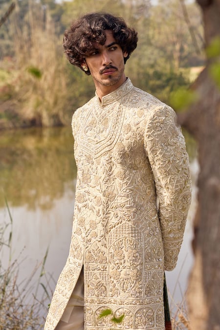 Mukti And Kavith Casa_Gold Silk Embroidery, Zari Sherwani Kurta Set _Online_at_Aza_Fashions