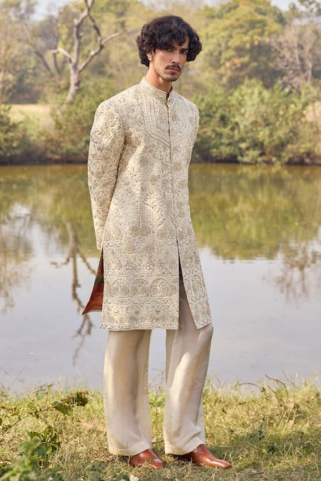 Buy_Mukti And Kavith Casa_Gold Silk Embroidery, Zari Sherwani Kurta Set _Online_at_Aza_Fashions