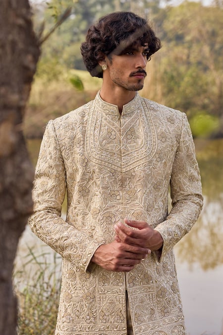 Shop_Mukti And Kavith Casa_Gold Silk Embroidery, Zari Sherwani Kurta Set _Online_at_Aza_Fashions