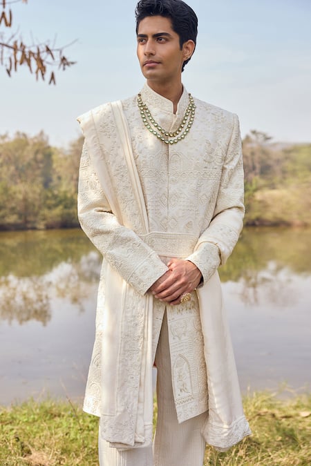 Mukti And Kavith Casa_Ivory Silk Embroidery, Zari Maharaja Sherwani Kurta Set _Online_at_Aza_Fashions