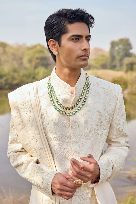 Buy_Mukti And Kavith Casa_Ivory Silk Embroidery, Zari Maharaja Sherwani Kurta Set _Online_at_Aza_Fashions