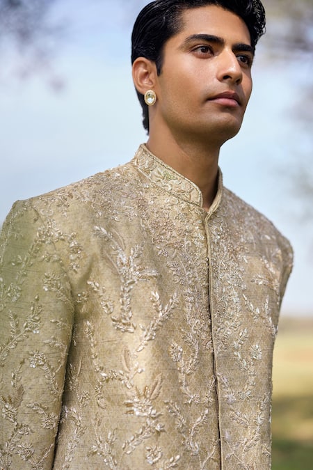Buy_Mukti And Kavith Casa_Gold Brocade, Silk Embroidery, Zari The Palace Sherwani Set _Online_at_Aza_Fashions