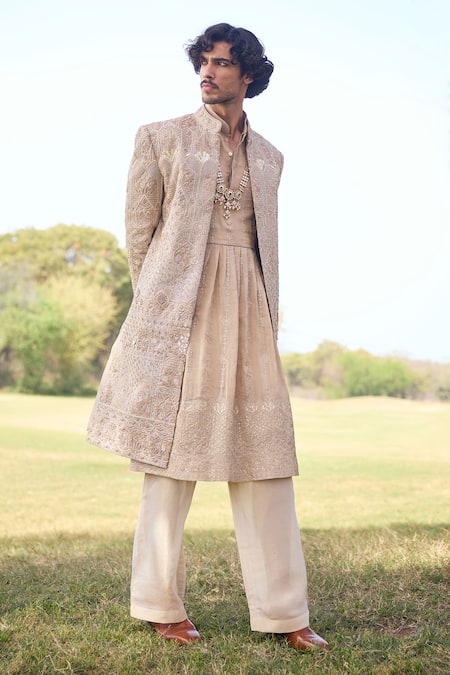 Mukti And Kavith Casa_Gold Chanderi Embroidery, Sequins, Zari The Sandstone Regal Sherwani Set _Online_at_Aza_Fashions