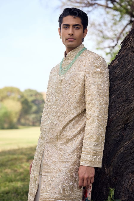 Mukti And Kavith Casa_Beige Tissue Embroidery, Zari The Pastel Vault Sherwani Set _Online_at_Aza_Fashions