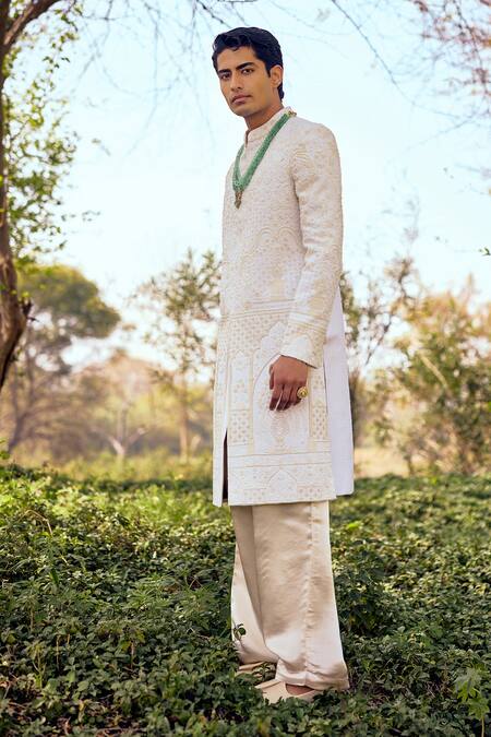 Shop Mukti And Kavith Casa Ivory Silk Embroidery, Beads, Metallic Thread The Heirloom Sherwani Set Online at Aza Fashions Shop_Mukti And Kavith Casa_Ivory Silk Embroidery, Beads, Metallic Thread The Heirloom Sherwani Set _Online_at_Aza_Fashions