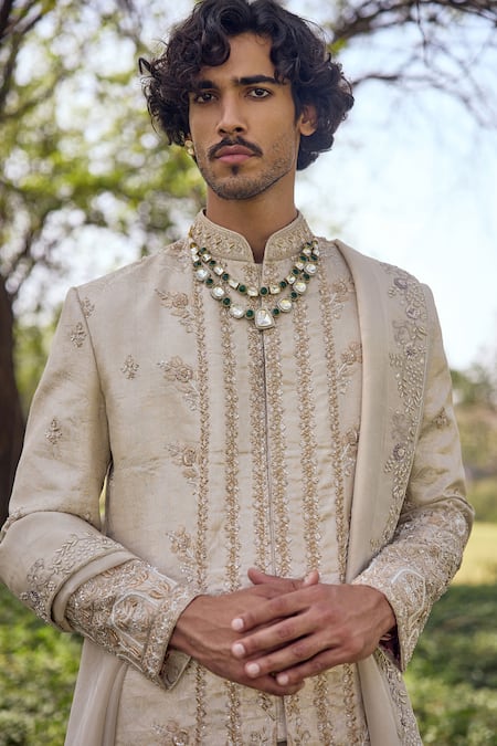Mukti And Kavith Casa_Ivory Brocade Embroidery, Zari The Imperial Sherwani Set _Online_at_Aza_Fashions