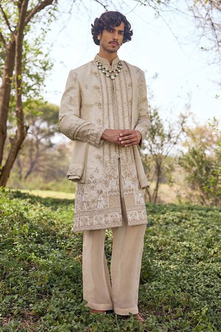 Buy_Mukti And Kavith Casa_Ivory Brocade Embroidery, Zari The Imperial Sherwani Set _Online_at_Aza_Fashions