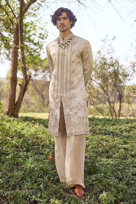 Shop_Mukti And Kavith Casa_Ivory Brocade Embroidery, Zari The Imperial Sherwani Set _Online_at_Aza_Fashions