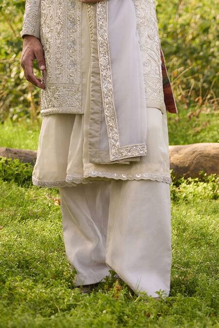 Buy_Mukti And Kavith Casa_Gold Chanderi Embroidery, Zari Heritage Weave Sherwani Set _Online_at_Aza_Fashions