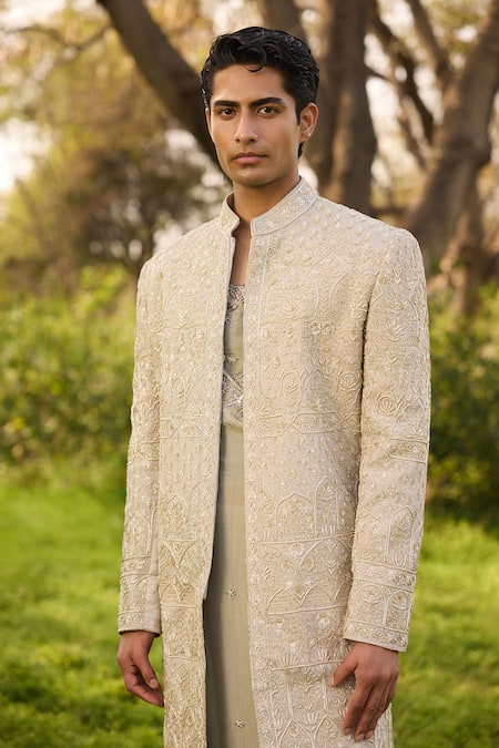 Mukti And Kavith Casa_Gold Chanderi Embroidery, Zari Sherwani Jacket Set _Online_at_Aza_Fashions