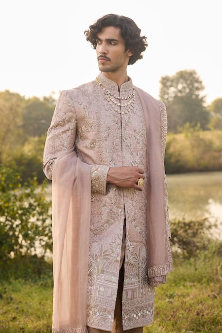 Mukti And Kavith Casa_Pink Brocade Embroidery, Metallic Thread Sherwani Set _Online_at_Aza_Fashions