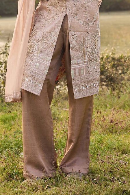Buy_Mukti And Kavith Casa_Pink Brocade Embroidery, Metallic Thread Sherwani Set _Online_at_Aza_Fashions