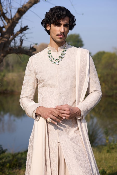 Mukti And Kavith Casa_Ivory Tussar Embroidery, Sequins, Beads Regent Pattern Sherwani Kurta Set _Online_at_Aza_Fashions
