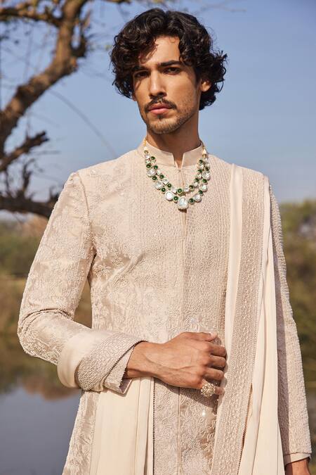 Buy_Mukti And Kavith Casa_Ivory Tussar Embroidery, Sequins, Beads Regent Pattern Sherwani Kurta Set _Online_at_Aza_Fashions