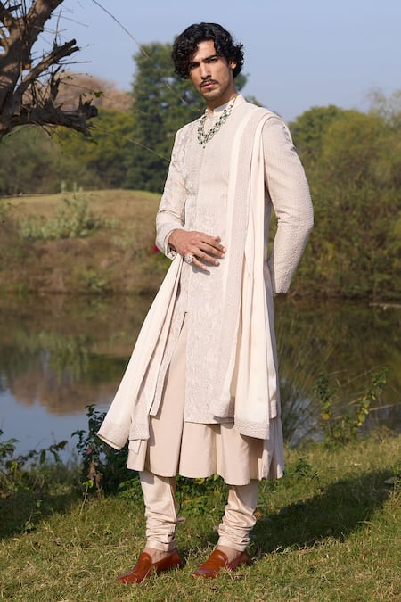 Shop_Mukti And Kavith Casa_Ivory Tussar Embroidery, Sequins, Beads Regent Pattern Sherwani Kurta Set _Online_at_Aza_Fashions