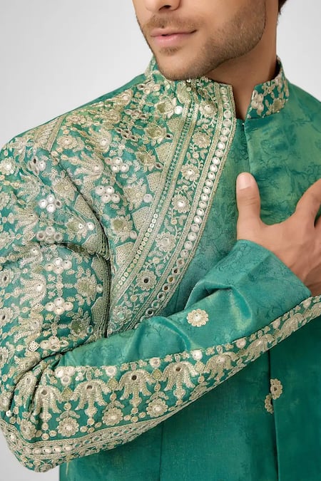 Shop Mukti And Kavith Casa Green Jacquard Embroidery, Mirrors, Sequins Eclipse Bandhgala With Palazzo Online at Aza Fashions Shop_Mukti And Kavith Casa_Green Jacquard Embroidery, Mirrors, Sequins Eclipse Bandhgala With Palazzo _Online_at_Aza_Fashions