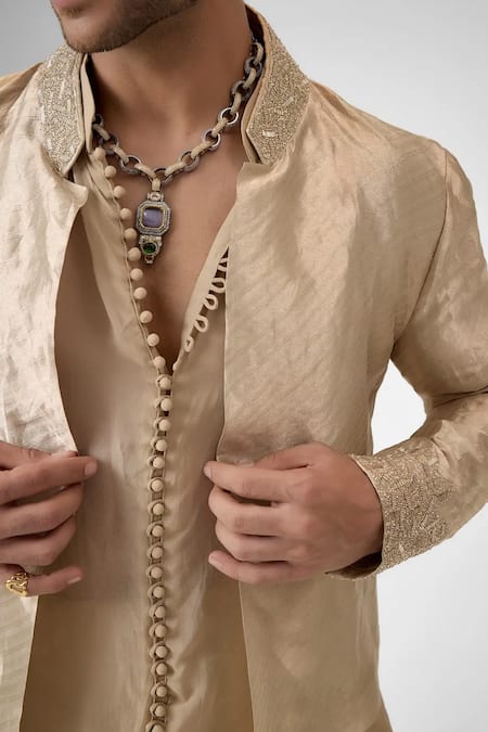 Shop Mukti And Kavith Casa Gold Tissue Beads, Embroidery Jacket Kurta Set Online at Aza Fashions Shop_Mukti And Kavith Casa_Gold Tissue Beads, Embroidery Jacket Kurta Set _Online_at_Aza_Fashions
