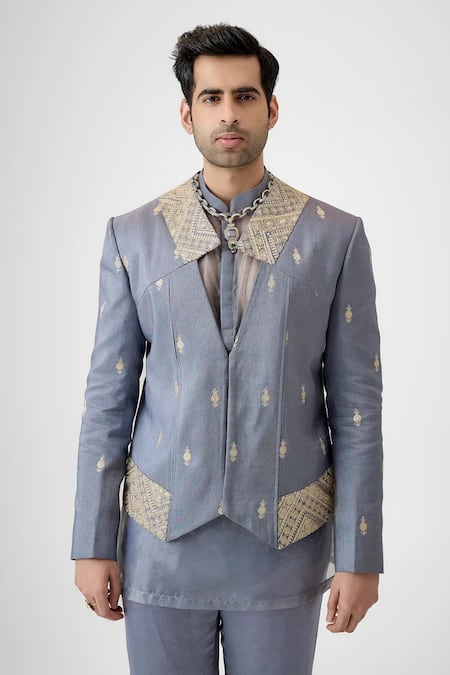 Buy Mukti And Kavith Casa Grey Embroidery Sterling Maze Bandhgala Set Online at Aza Fashions Buy_Mukti And Kavith Casa_Grey Embroidery Sterling Maze Bandhgala Set _Online_at_Aza_Fashions