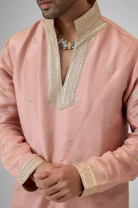 Buy_Mukti And Kavith Casa_Pink Tissue, Silk Embroidery, Zari Asymmetric Kurta Set _Online_at_Aza_Fashions