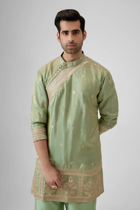 Mukti And Kavith Casa_Green Tissue, Silk Embroidery, Zari Dynasty Angrakha Kurta Set _Online_at_Aza_Fashions