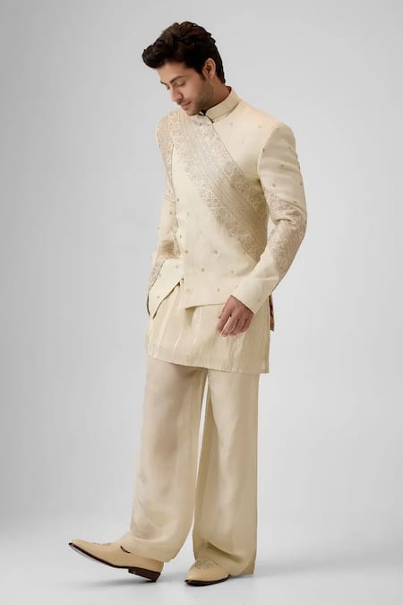 Mukti And Kavith Casa_Cream Jacquard Embroidery Ascent Bandhgala Set _Online_at_Aza_Fashions