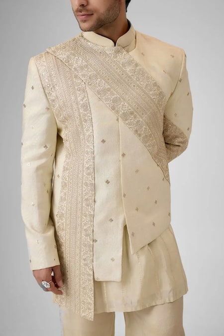 Buy_Mukti And Kavith Casa_Cream Jacquard Embroidery Ascent Bandhgala Set _Online_at_Aza_Fashions