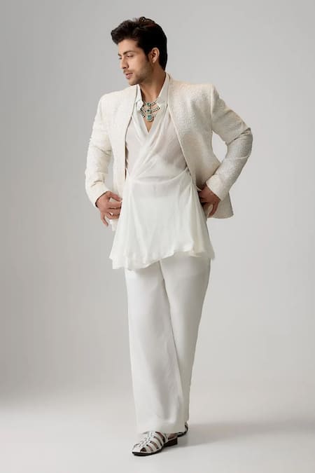 Mukti And Kavith Casa_Cream Georgette Embroidery Textured Jacket And Cowl Draped Kurta Set _Online_at_Aza_Fashions