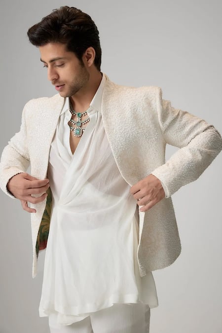 Buy_Mukti And Kavith Casa_Cream Georgette Embroidery Textured Jacket And Cowl Draped Kurta Set _Online_at_Aza_Fashions