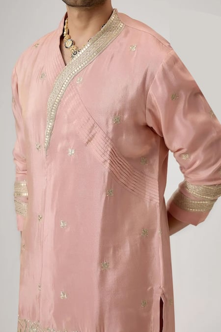 Buy_Mukti And Kavith Casa_Pink Tissue, Silk Embroidery, Mirrors, Zari Rose Quartz Kurta Set _Online_at_Aza_Fashions