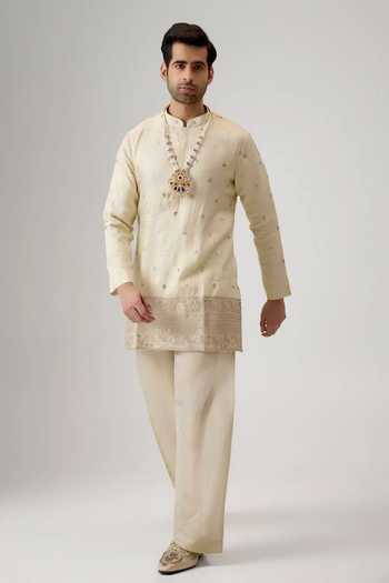 Mukti And Kavith Casa_Cream Jacquard Embroidery Kurta And Palazzo Set _Online_at_Aza_Fashions