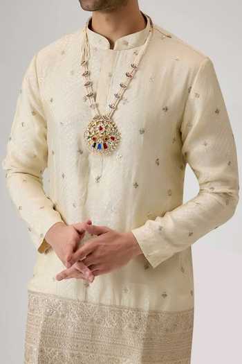 Buy_Mukti And Kavith Casa_Cream Jacquard Embroidery Kurta And Palazzo Set _Online_at_Aza_Fashions