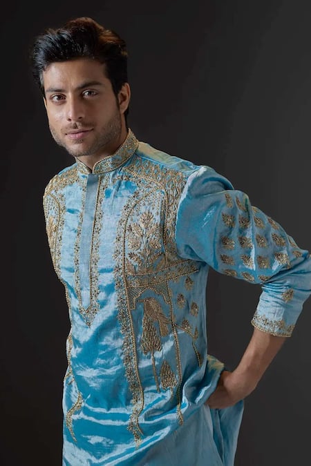 Mukti And Kavith Casa_Blue Chanderi Embroidery, Metallic Thread Azure Kurta Set _Online_at_Aza_Fashions