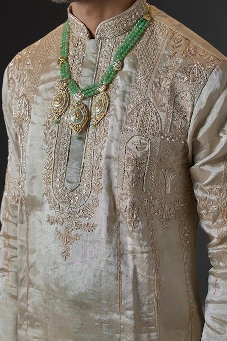 Buy_Mukti And Kavith Casa_Gold Chanderi Embroidery, Sequins Antique Kurta And Palazzo Set _Online_at_Aza_Fashions