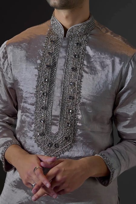 Mukti And Kavith Casa_Grey Chanderi Embroidery, Stones Kurta And Palazzo Set _Online_at_Aza_Fashions