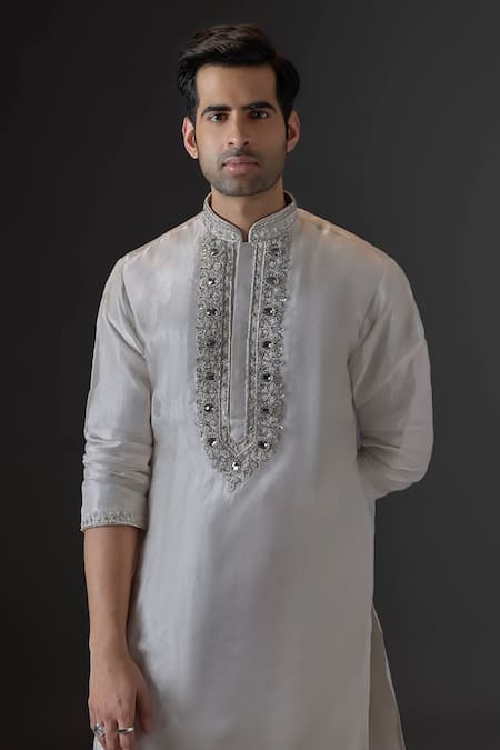 Mukti And Kavith Casa_Silver Tissue Embroidery, Stones Maharaja Kurta And Palazzo Set _Online_at_Aza_Fashions